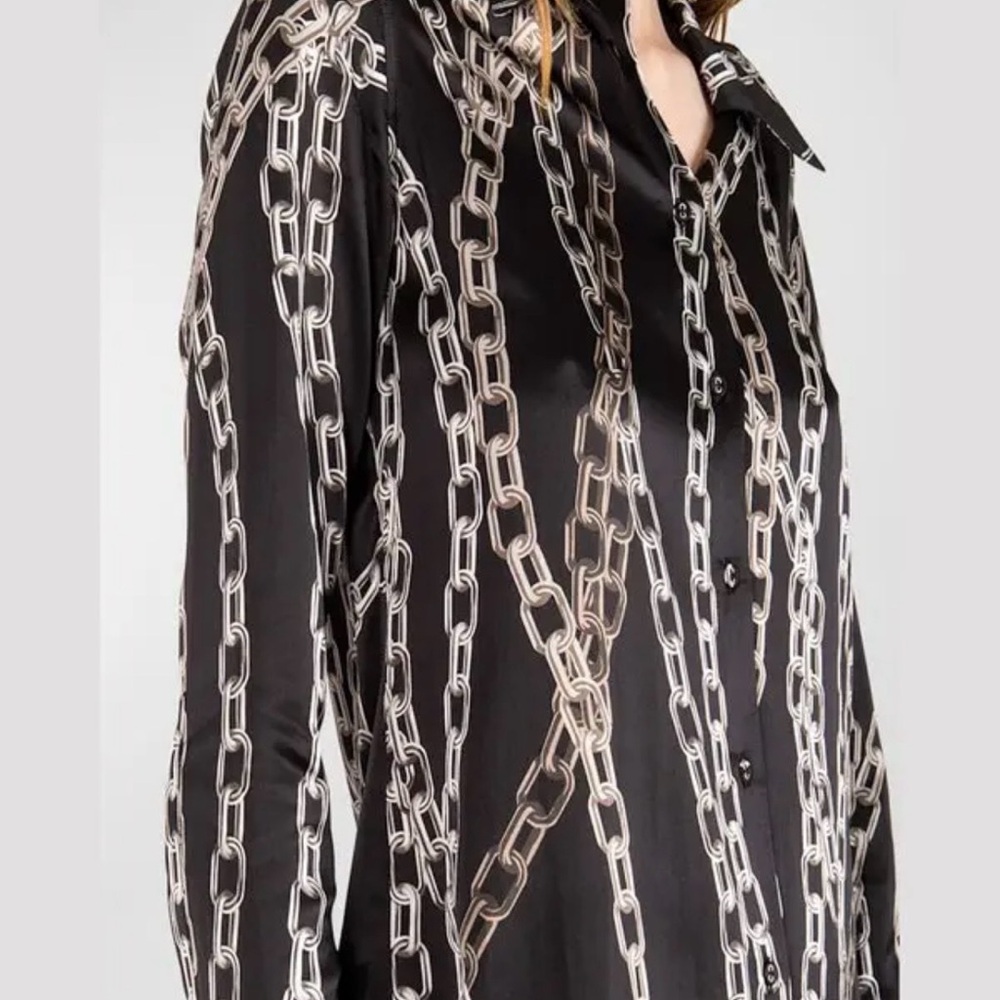 Secret Mission Silk Chain Print Black Buttoned-up Blouse